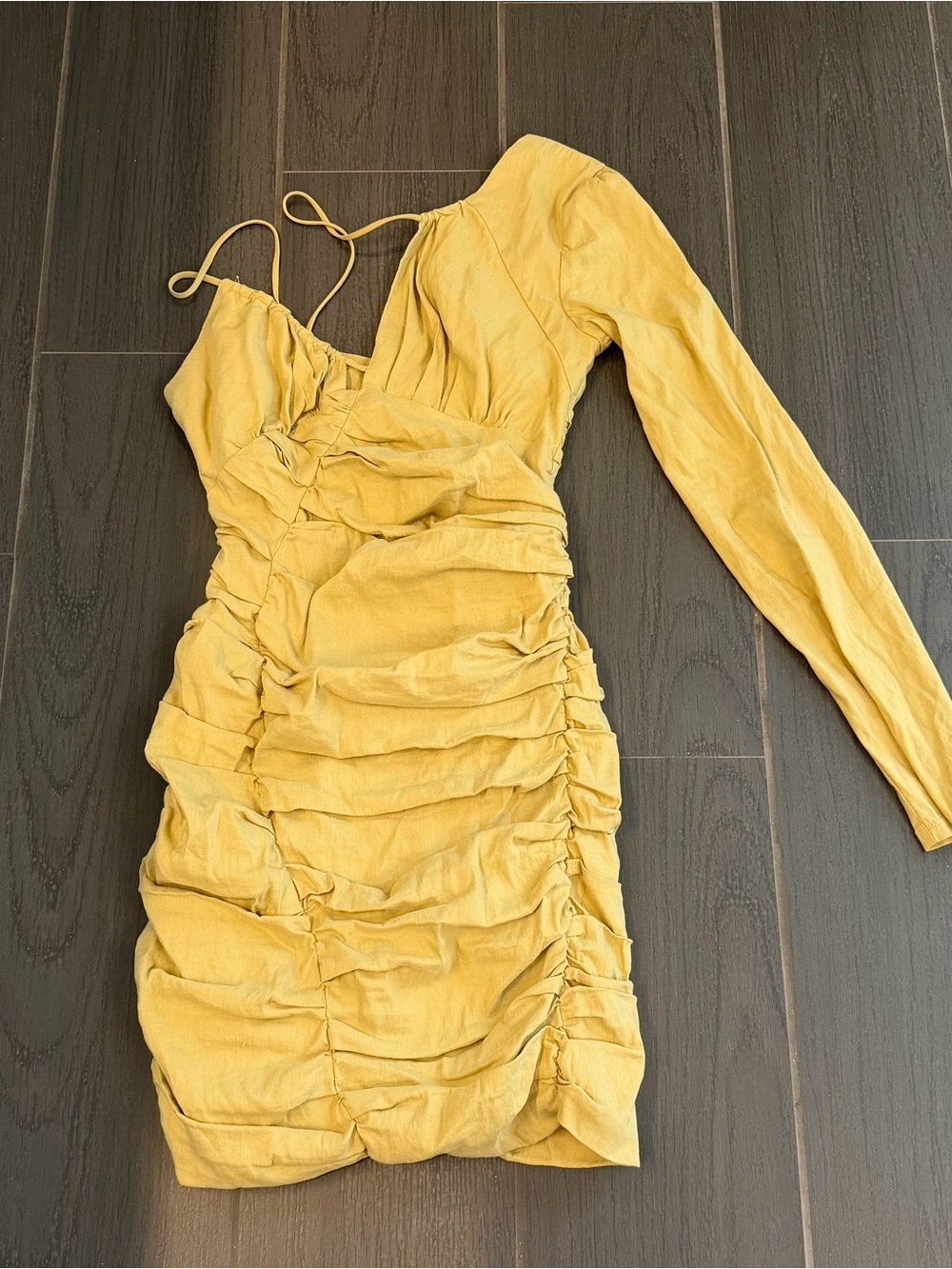 Zara Yellow One-Shoulder Ruched Mini Dress